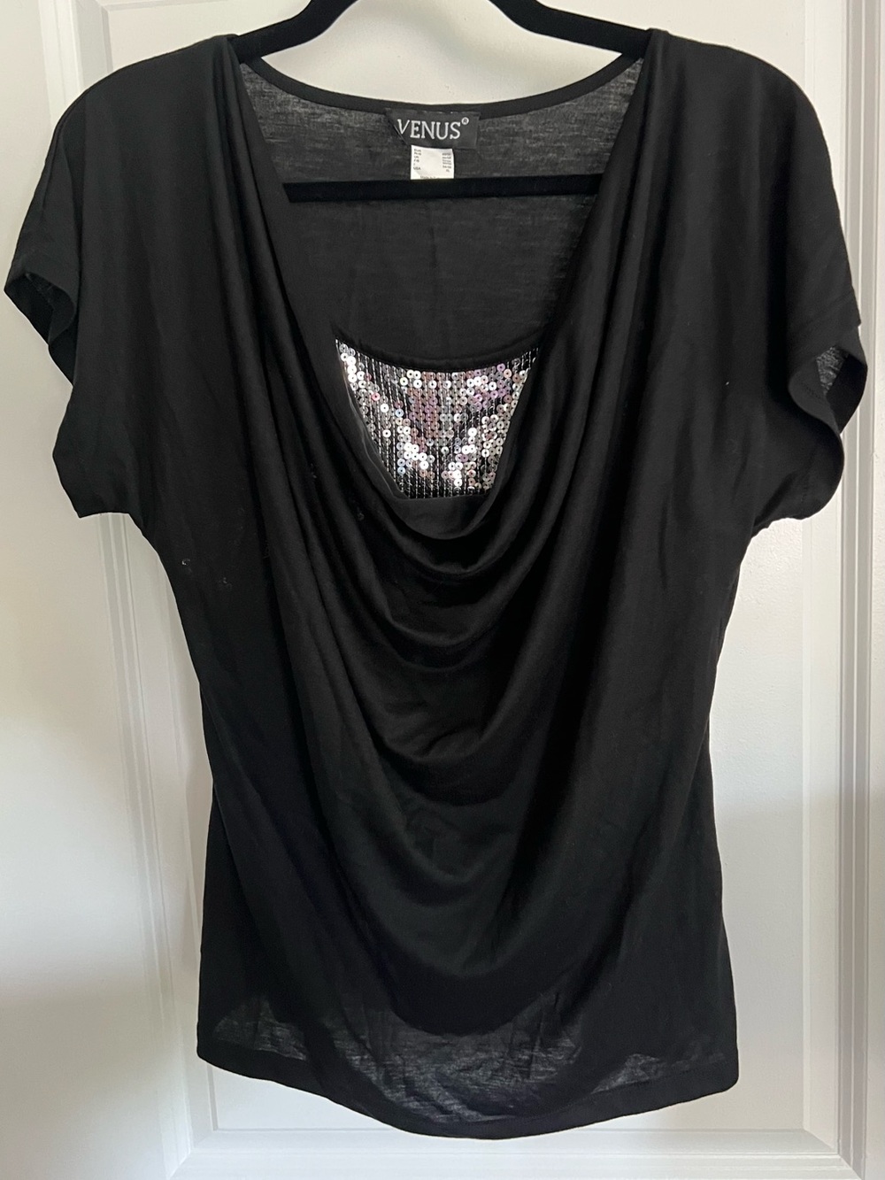 VENUS Black Cowl Neck Top with Sequined Inset
